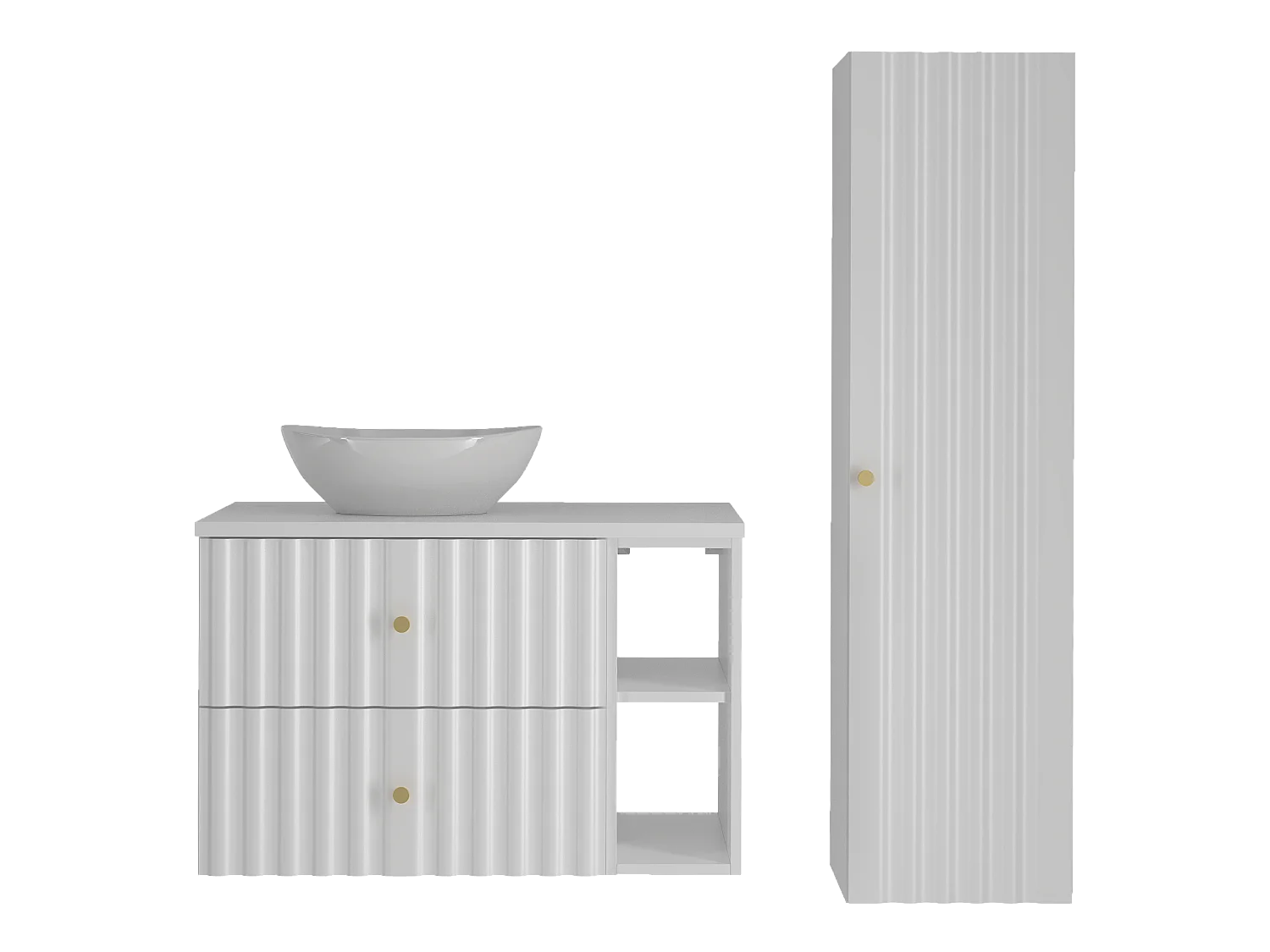 Ensemble de salle de bain blanc 80 cm Armoire avec plan de travail Lavabo Étagère Colonne Façades rainurées Aqua