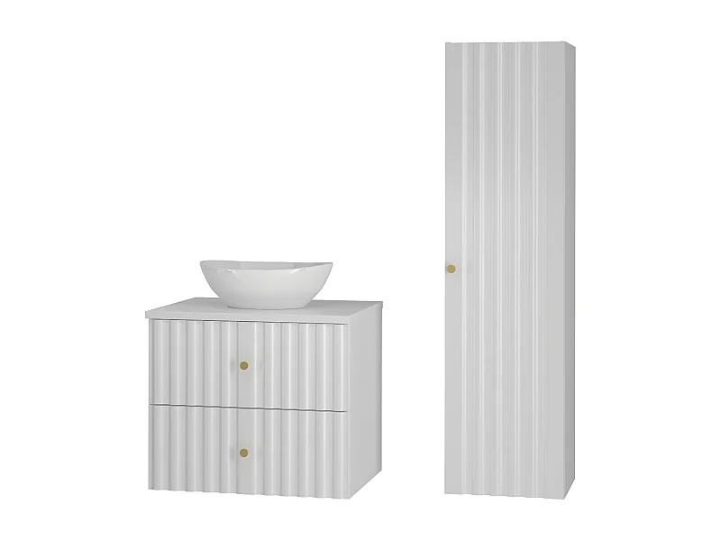 Ensemble de salle de bain blanc 60 cm Armoire avec plan de travail Lavabo Colonne Façades rainurées Aqua