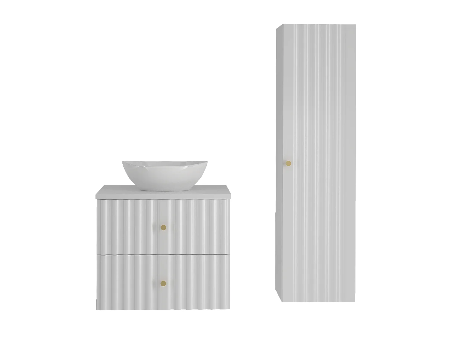 Ensemble de salle de bain blanc 60 cm Armoire avec plan de travail Lavabo Colonne Façades rainurées Aqua