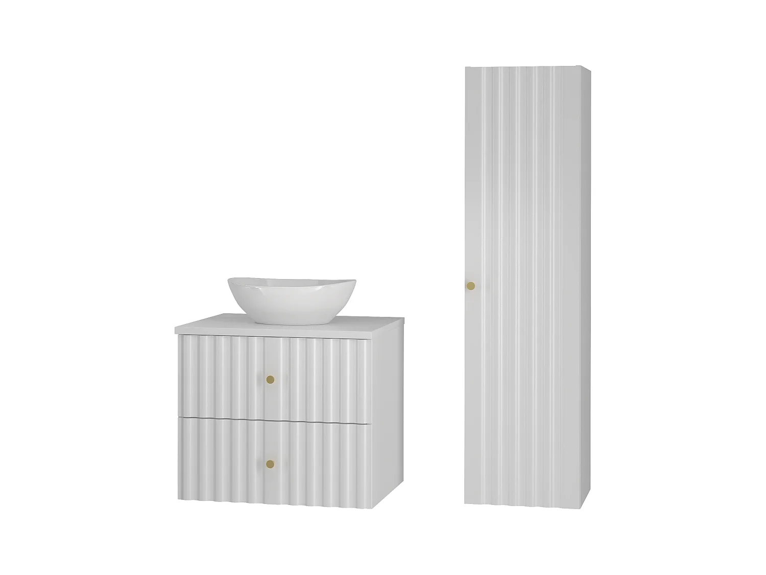 Weiß Bathroom Set 60cm Badezimmerschrank mit Arbeitsplatte und Waschbecken und Hochschrank geriffelte Fronten Aqua