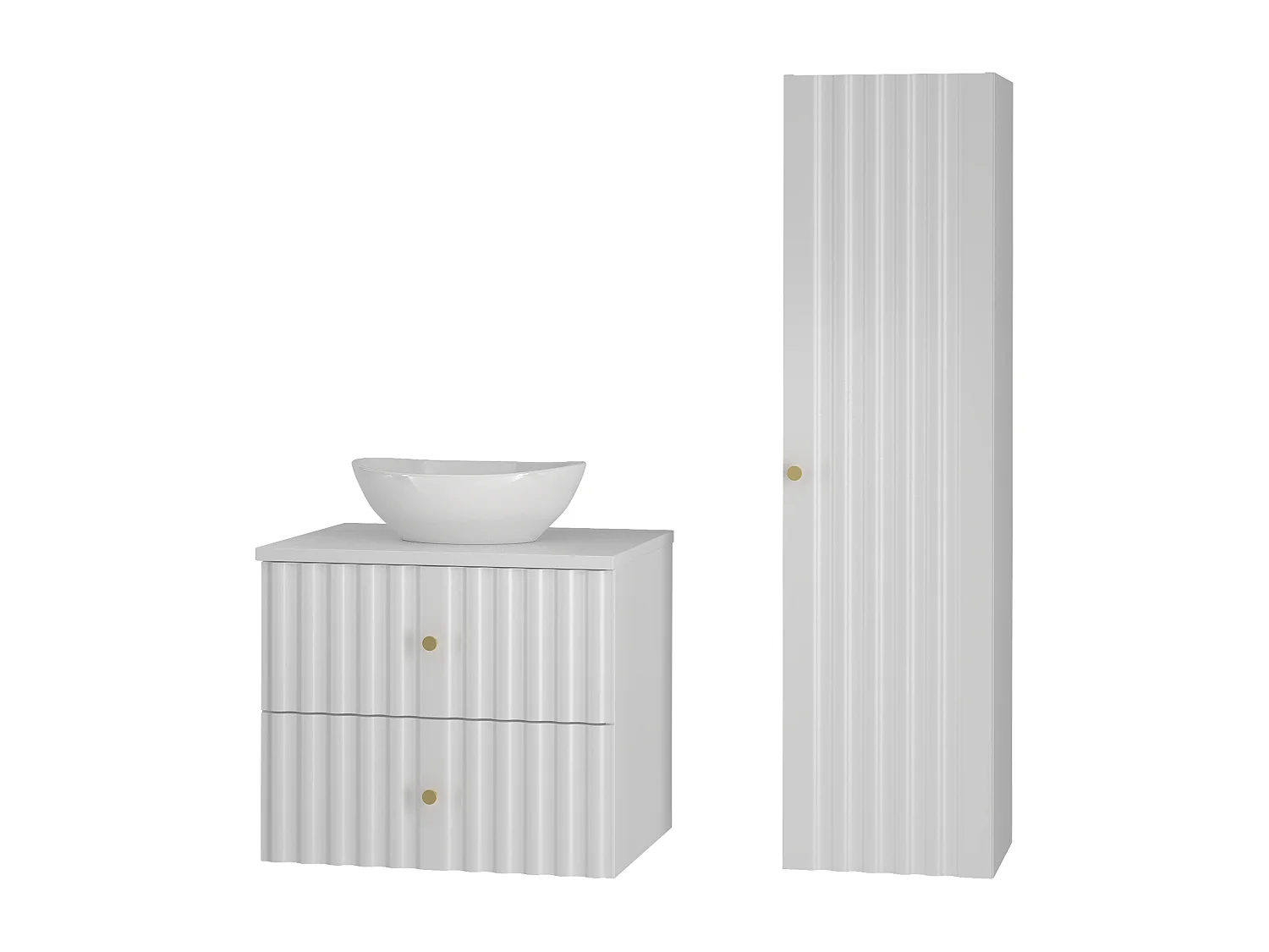 Ensemble de salle de bain blanc 60 cm Armoire avec plan de travail Lavabo Colonne Façades rainurées Aqua