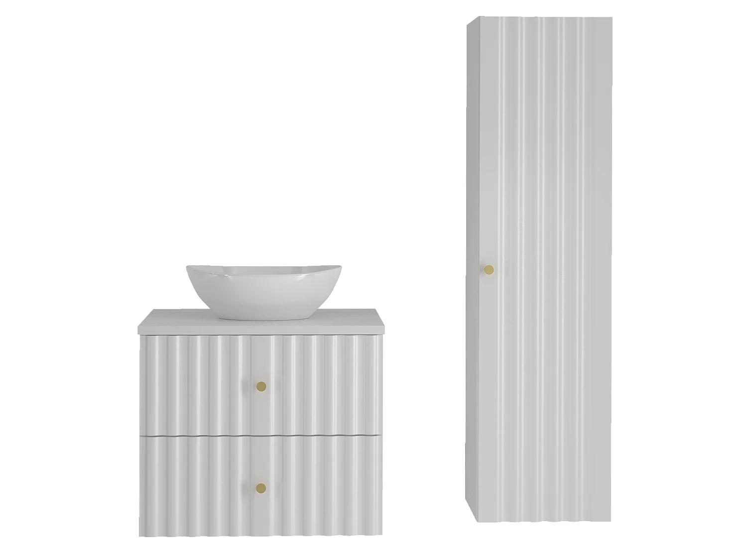 Ensemble de salle de bain blanc 60 cm Armoire avec plan de travail Lavabo Colonne Façades rainurées Aqua