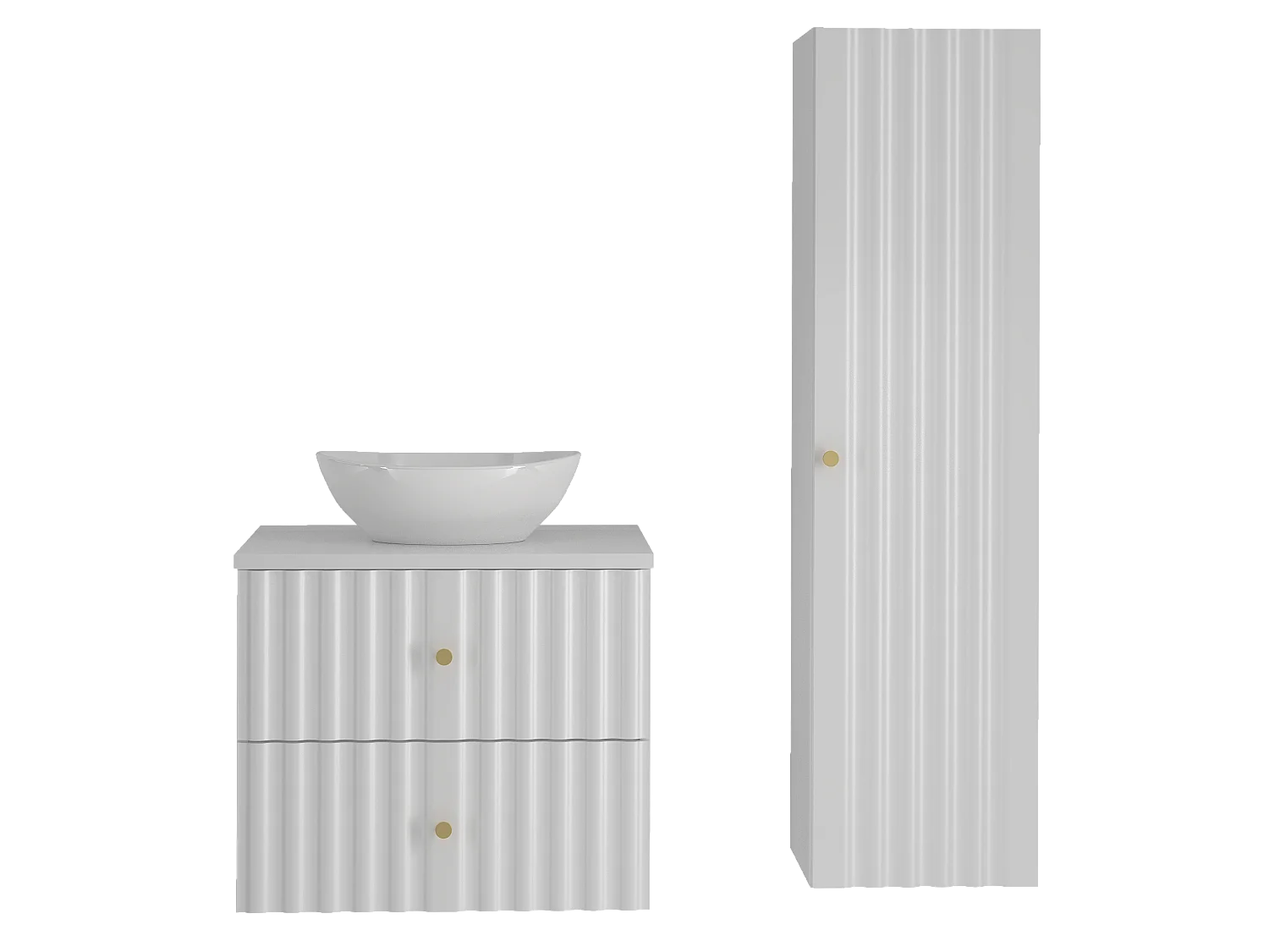 Ensemble de salle de bain blanc 60 cm Armoire avec plan de travail Lavabo Colonne Façades rainurées Aqua