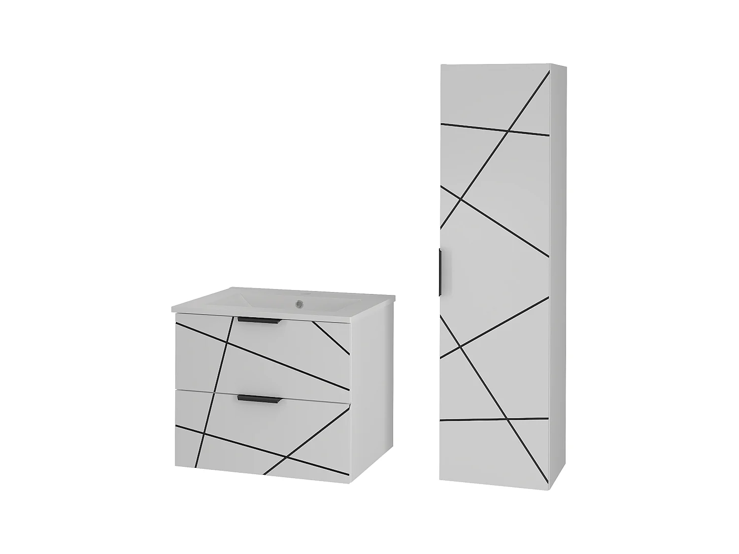 Badezimmer-Set 60 cm Schrank mit Waschbecken und Hochschrank Weiß Matt Wood