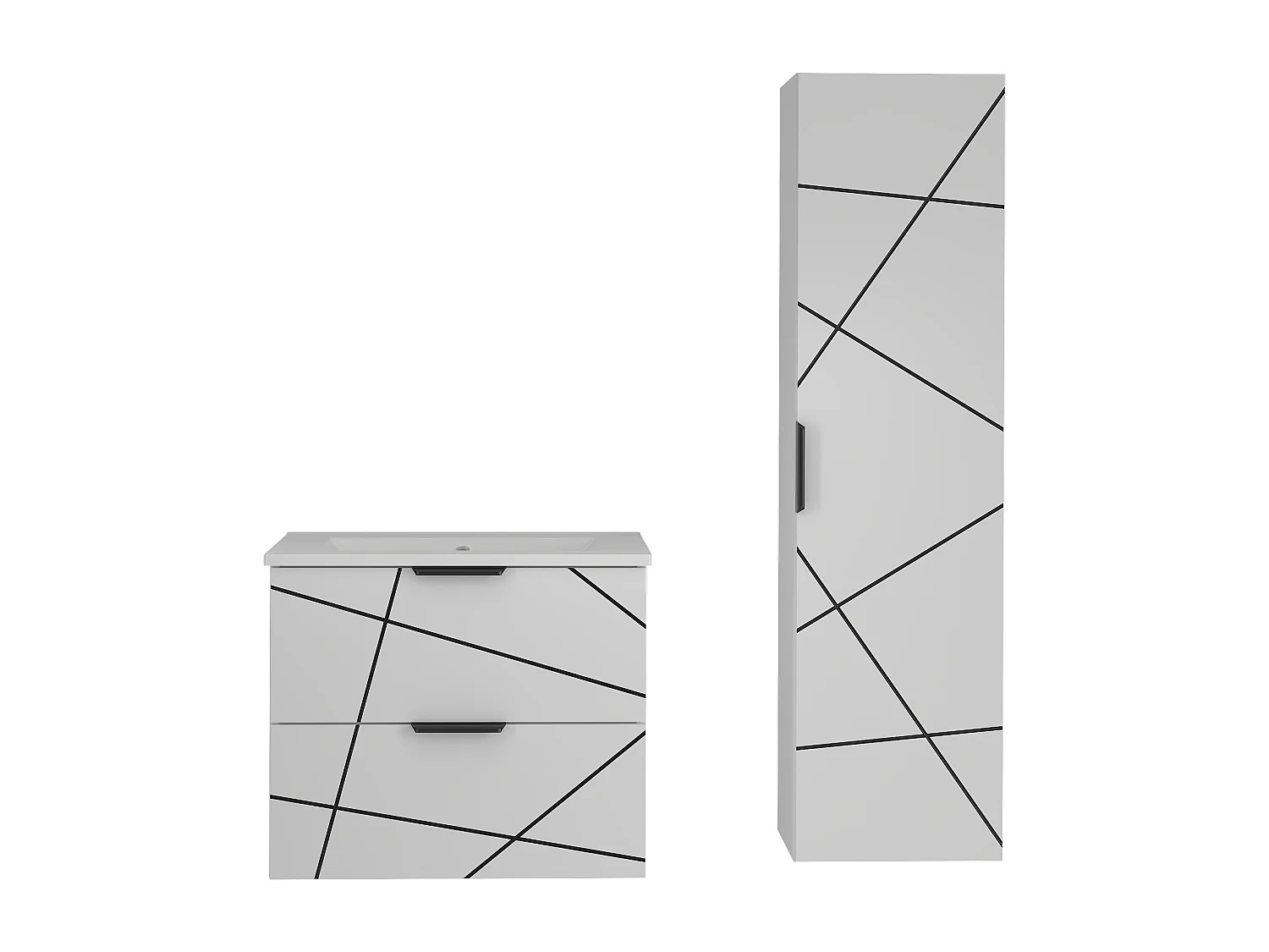 Badezimmer-Set 60 cm Schrank mit Waschbecken und Hochschrank Weiß Matt Wood