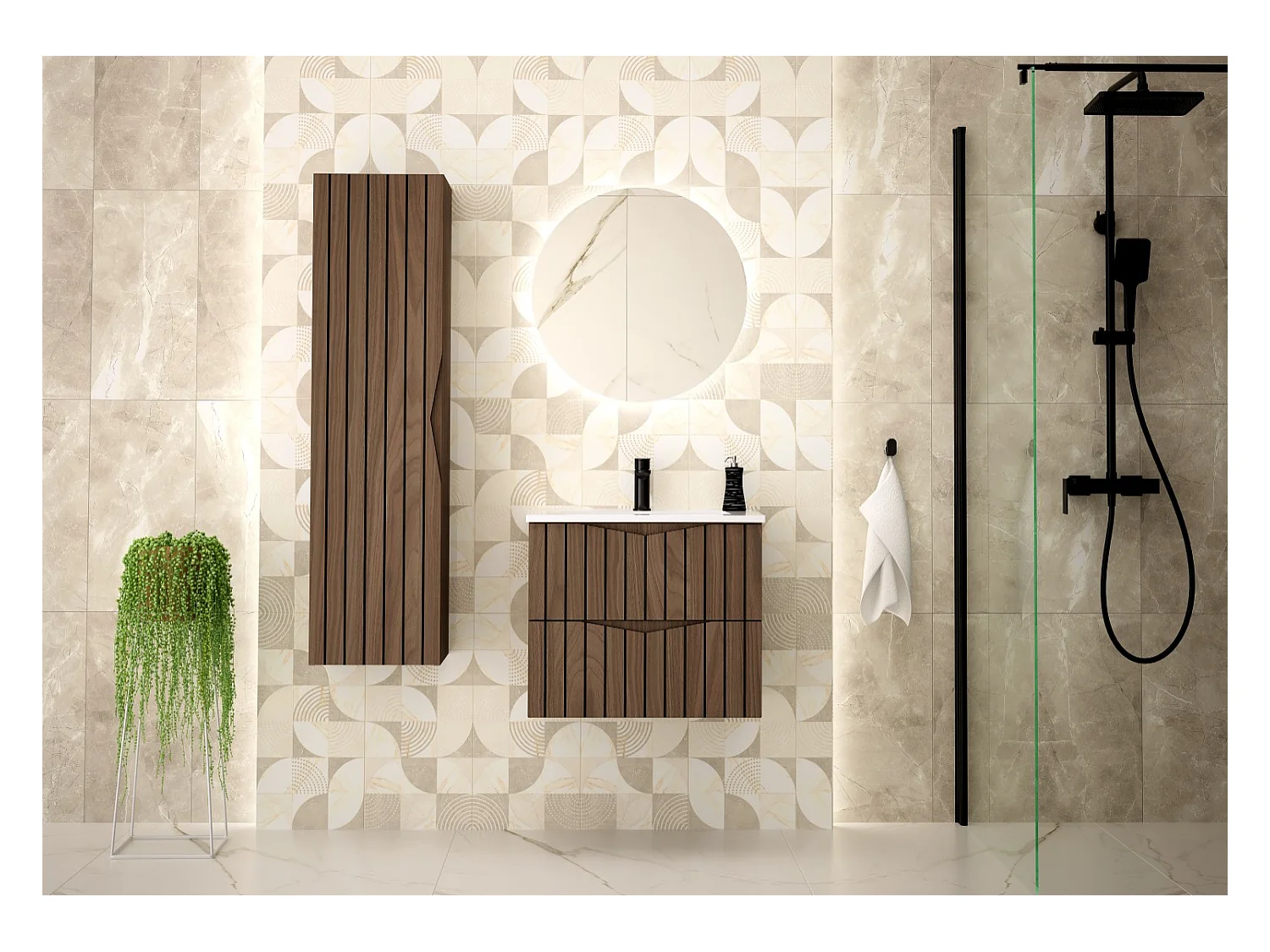 Armoire de salle de bain Colonne haute 1 porte Façades rainurées Chêne Noyer Stella