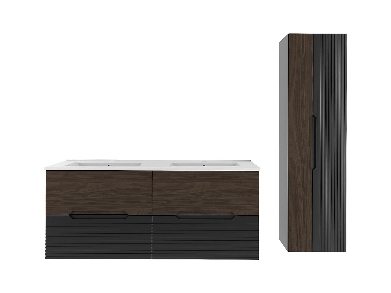 Ensemble de salle de bain 120 cm Meuble avec lavabo Colonne Noir mat / Noyer Avella