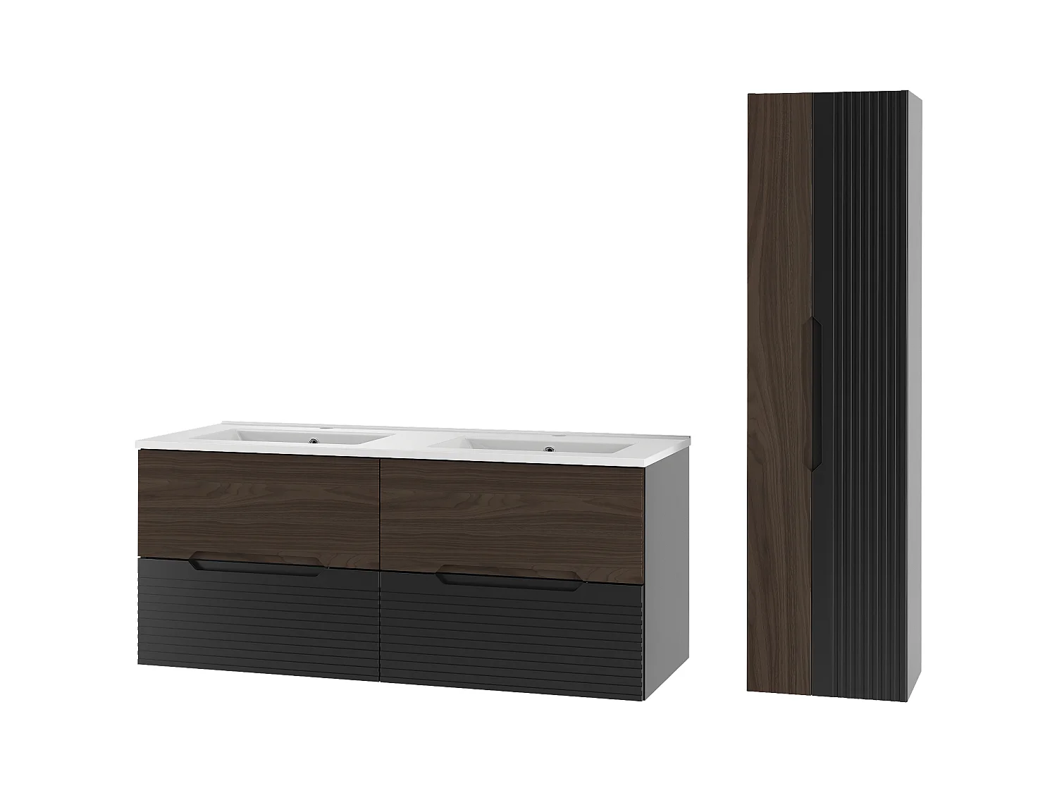 Badkamerset 120 cm Kast met wastafel Kolom Zwart mat / Notenhout Avella