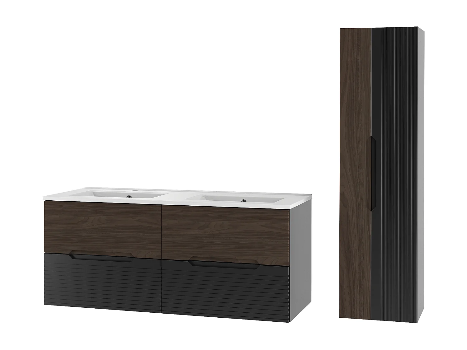 Ensemble de salle de bain 120 cm Meuble avec lavabo Colonne Noir mat / Noyer Avella