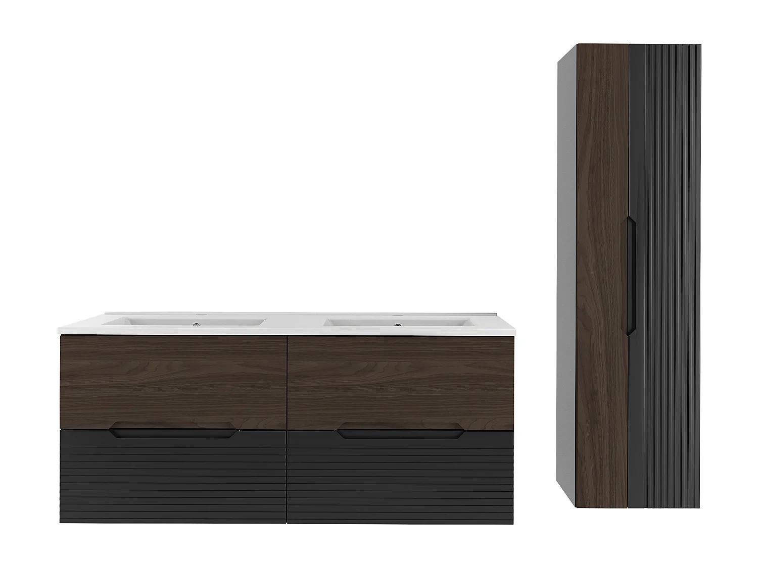 Ensemble de salle de bain 120 cm Meuble avec lavabo Colonne Noir mat / Noyer Avella