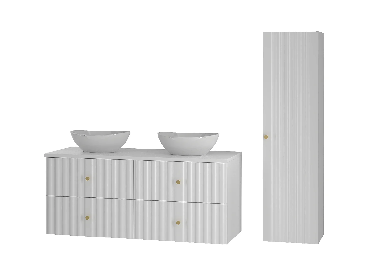 Biały Zestaw Łazienkowy 120cm Szafka z Blatem Umywalka Słupek Ryflowane Fronty Aqua