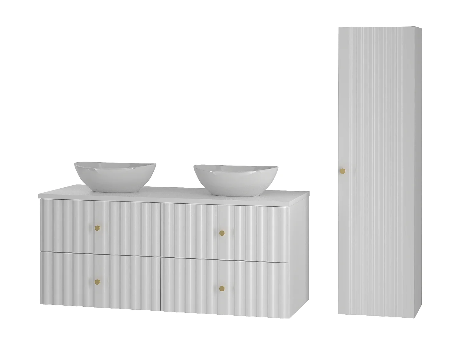 Ensemble de salle de bain blanc 120 cm Armoire avec plan de travail Lavabo Colonne Façades rainurées Aqua