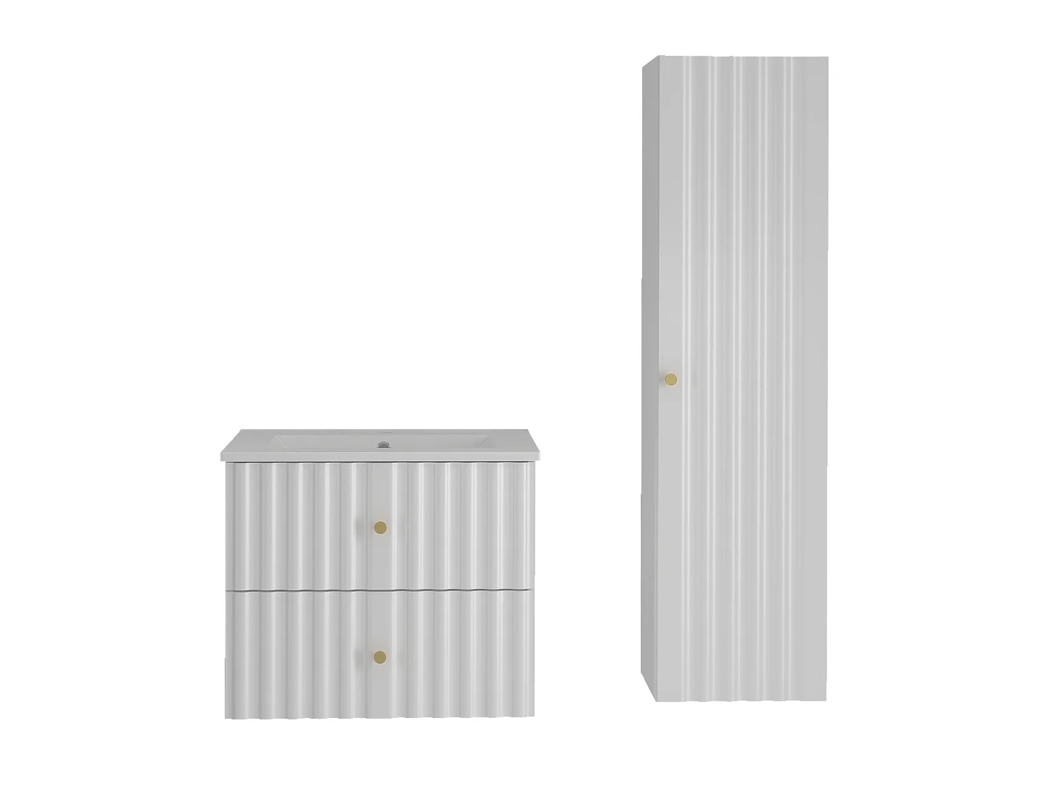 Ensemble de salle de bain blanc 60 cm Meuble avec lavabo Colonne Façades rainurées Aqua