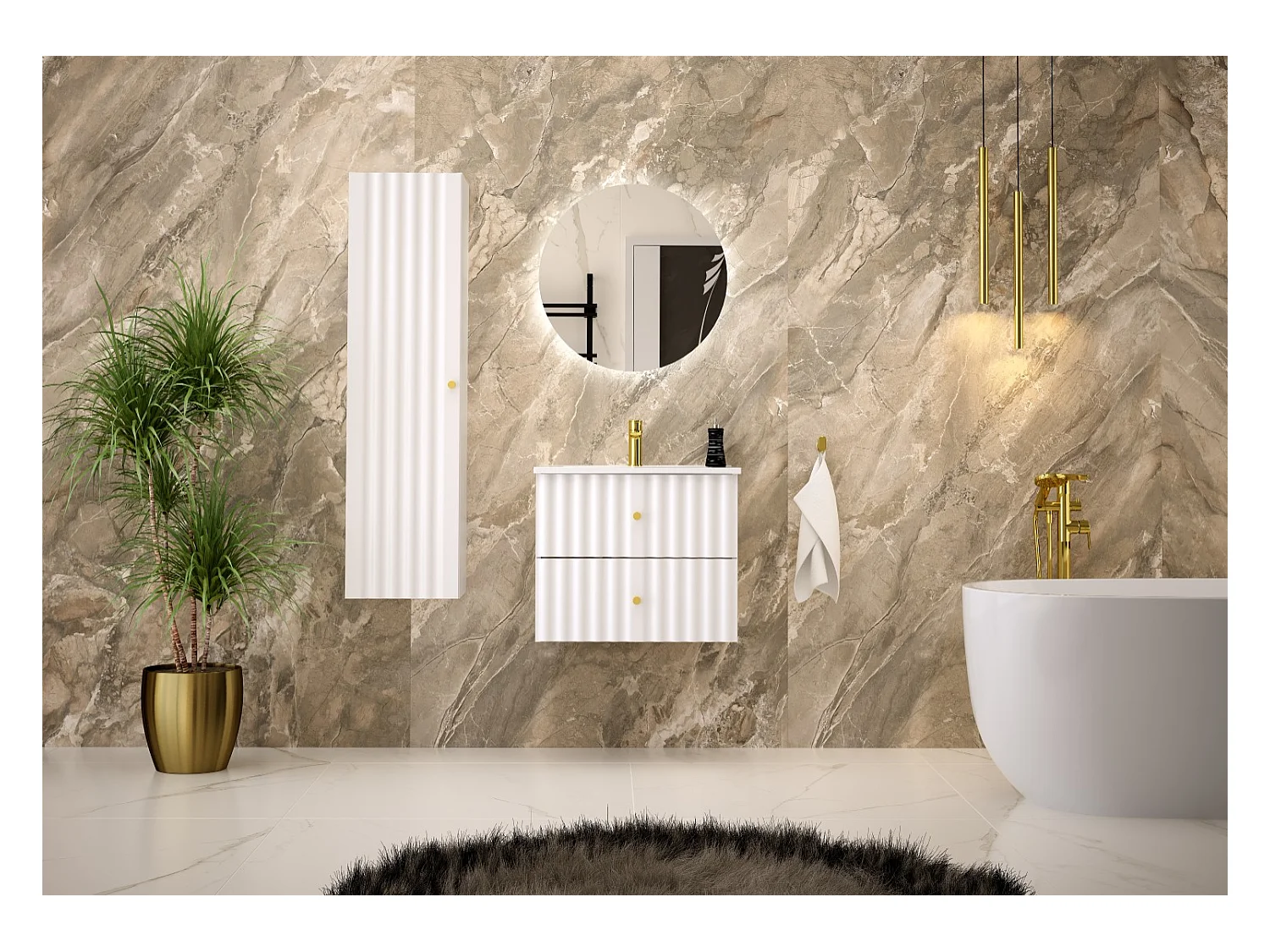 Ensemble de salle de bain blanc 60 cm Meuble avec lavabo Colonne Façades rainurées Aqua