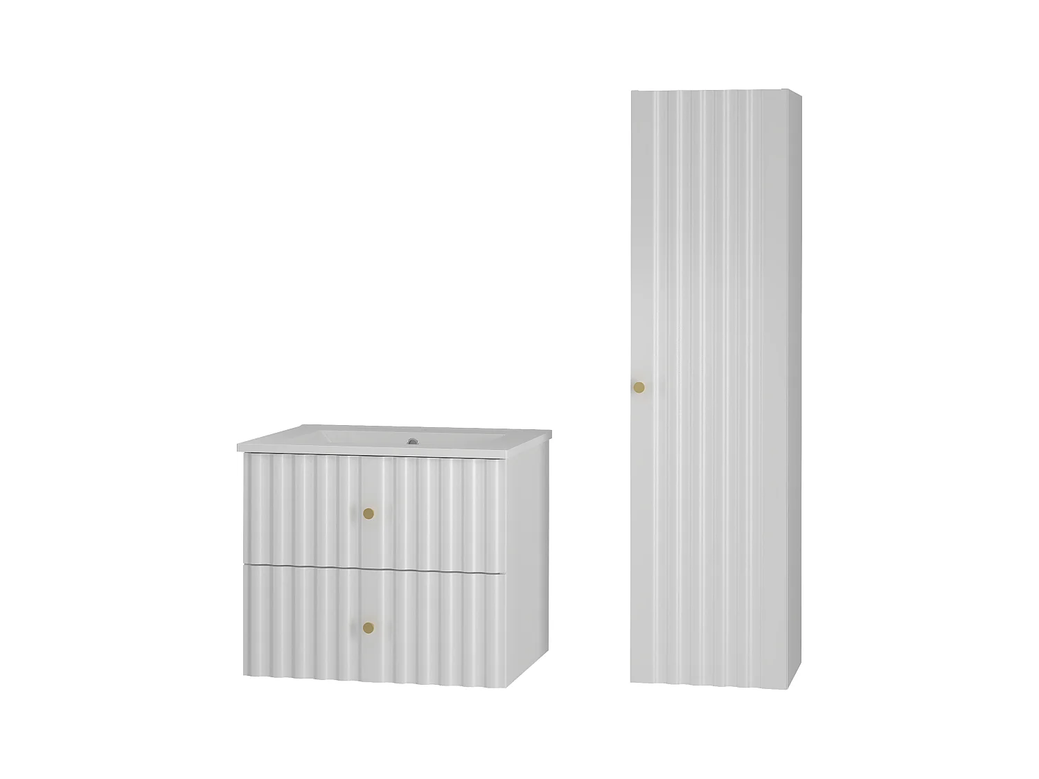Weiß Badezimmer Set 60cm Badezimmerschrank mit Waschbecken und Hochschrank geriffelte Fronten Aqua