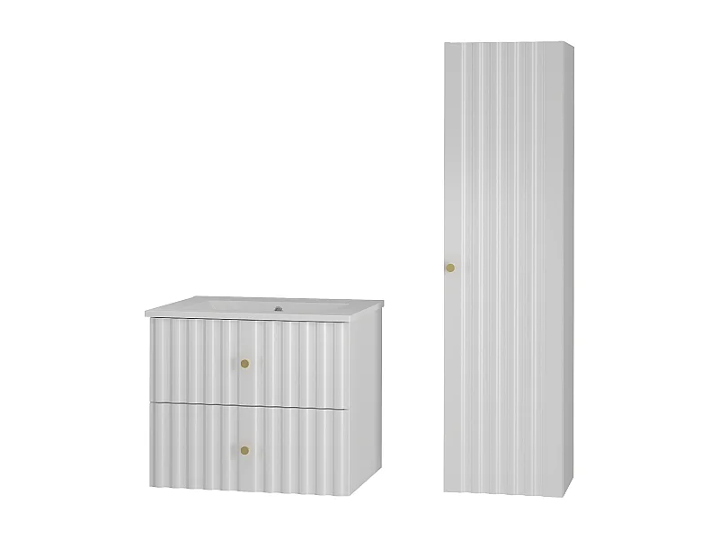 Witte badkamerset 60 cm Kast met wastafel Kolom Geribbelde fronten Aqua