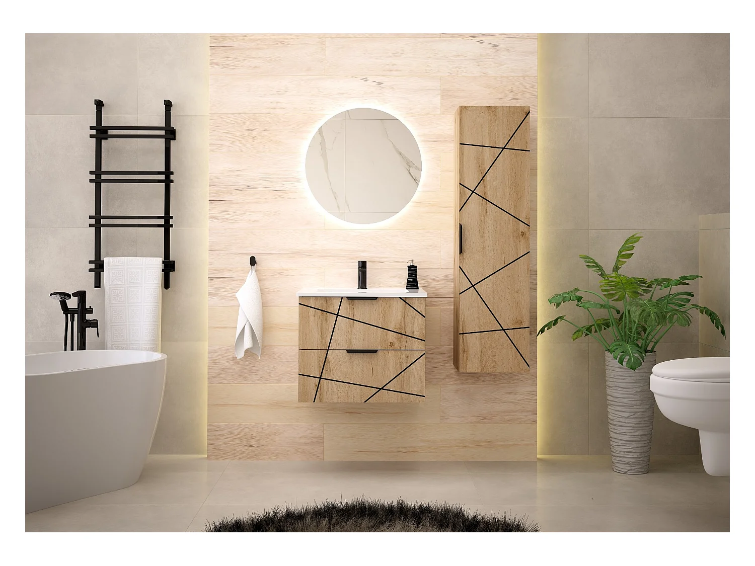 Ensemble de salle de bain 60 cm Meuble avec lavabo Colonne Chêne Wotan Wood