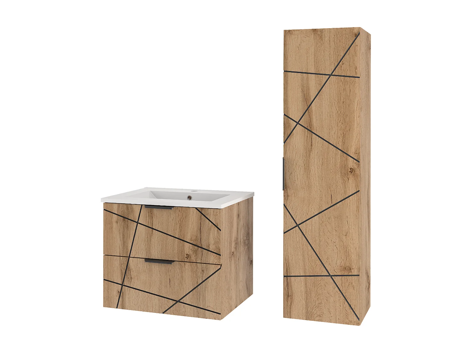 Ensemble de salle de bain 60 cm Meuble avec lavabo Colonne Chêne Wotan Wood