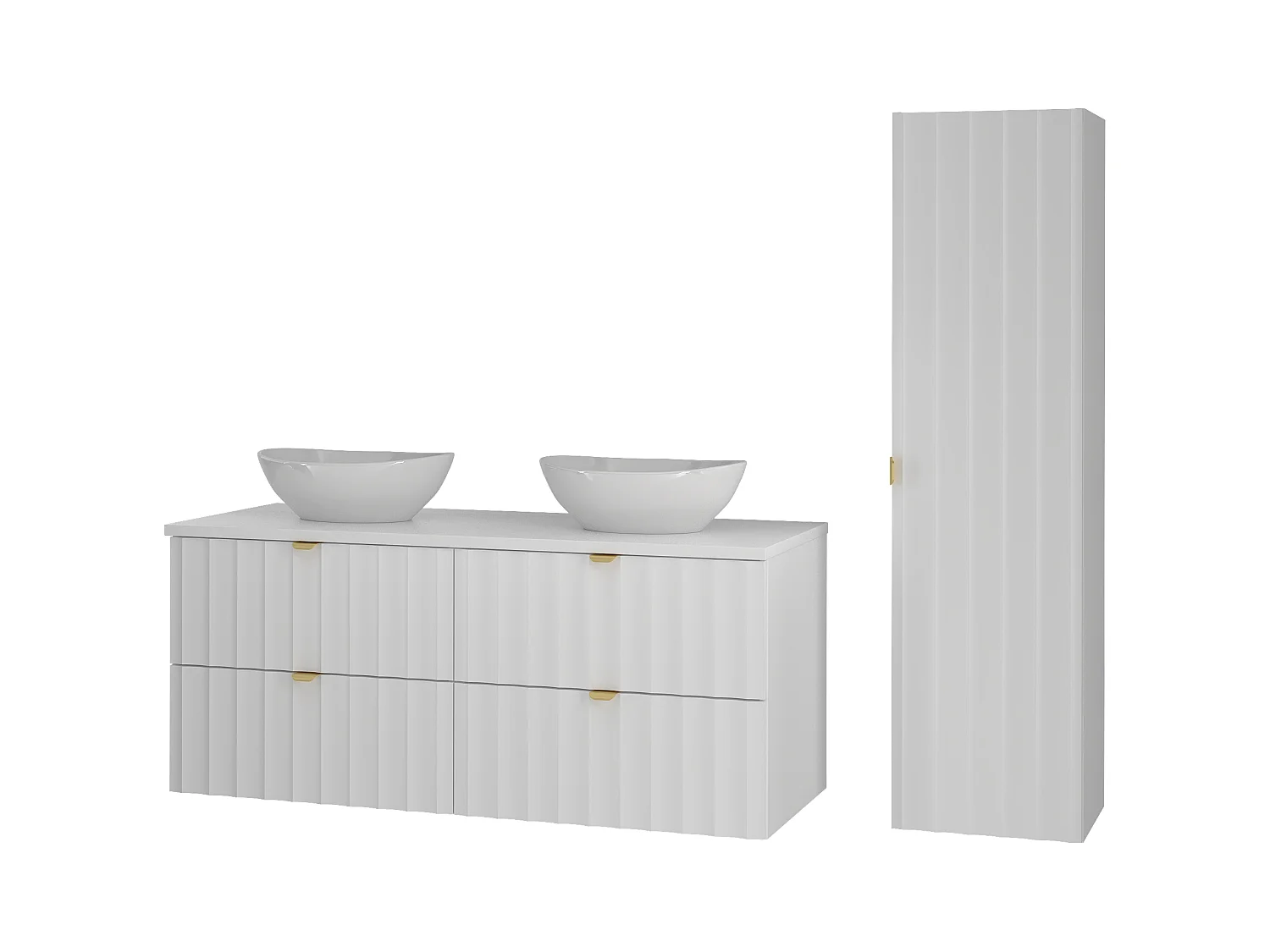 Witte badkamerset 120 cm Kast met blad Wastafel Kolom Geribbelde fronten Arcos