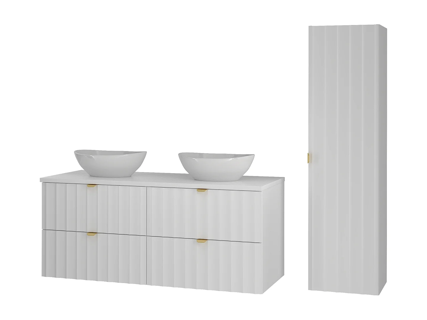 Ensemble de salle de bain blanc 120 cm Armoire avec plan de travail Lavabo Colonne Façades rainurées Arcos
