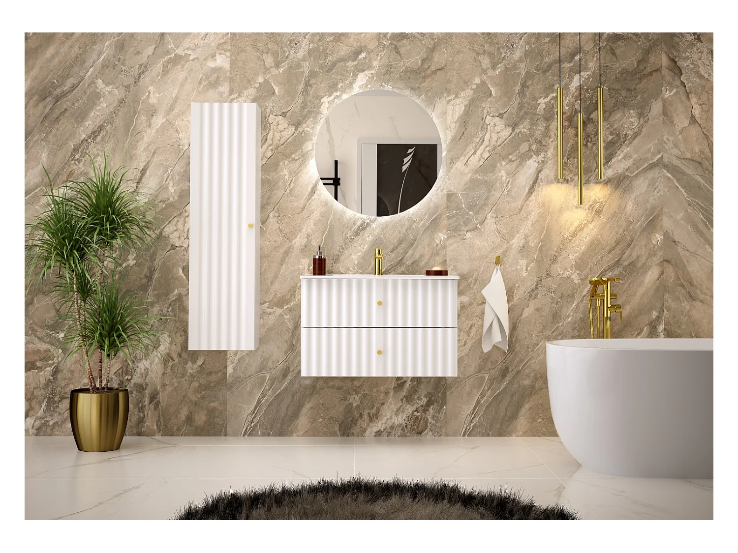 Ensemble de salle de bain blanc 80 cm Meuble avec lavabo Colonne Façades rainurées Aqua