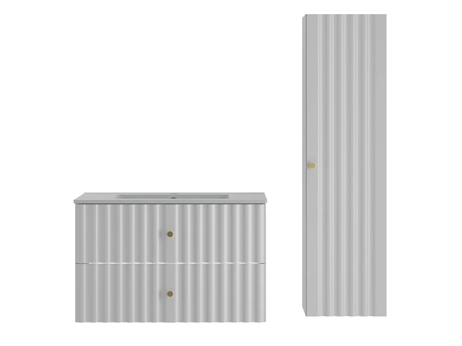 Witte badkamerset 80 cm Kast met wastafel Kolom Geribbelde fronten Aqua