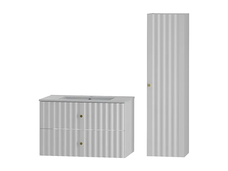 Witte badkamerset 80 cm Kast met wastafel Kolom Geribbelde fronten Aqua