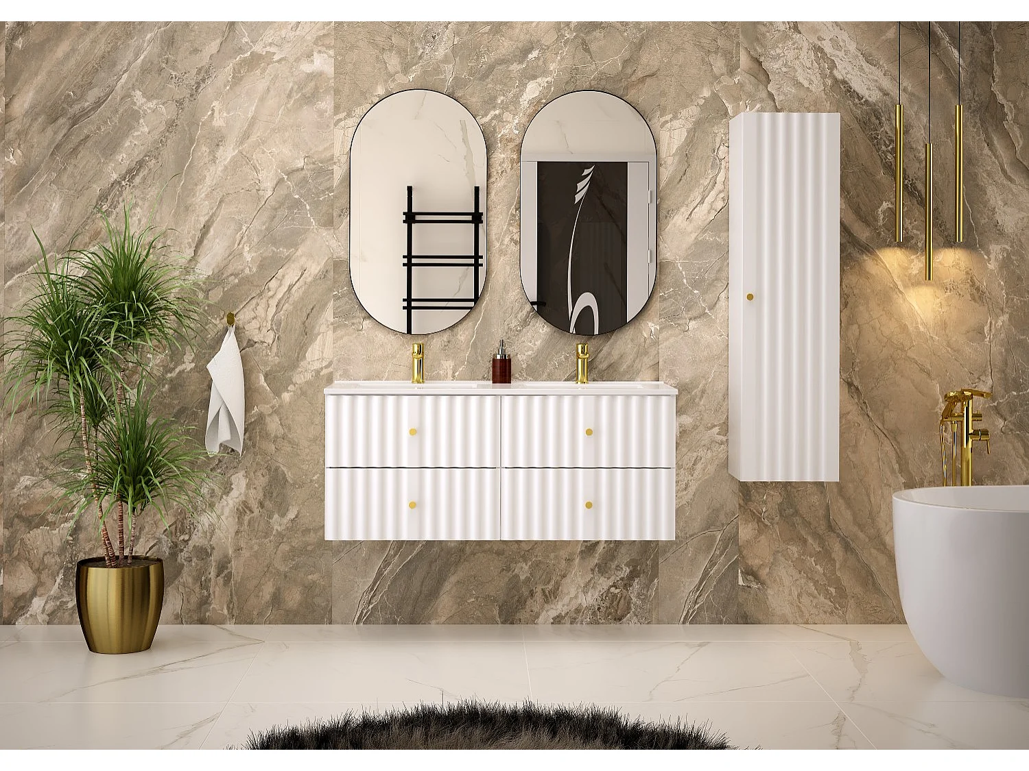 Armoire de salle de bain blanche Colonne haute Façades rainurées Aqua