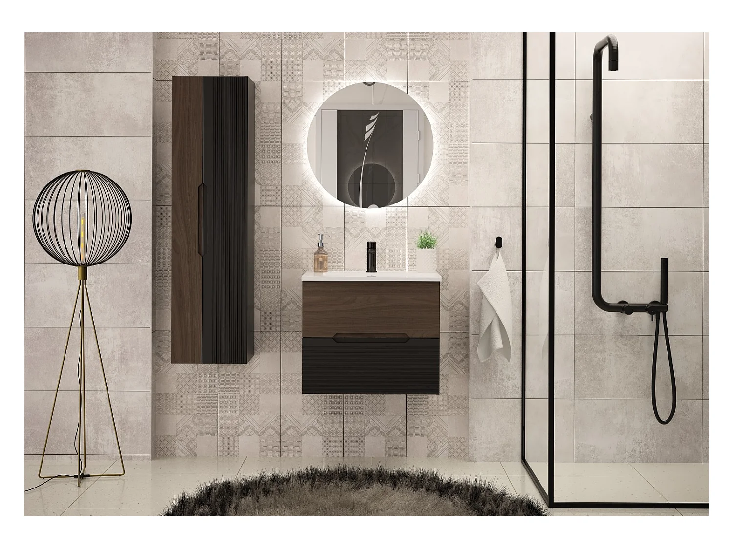 Ensemble de salle de bain 80 cm Meuble avec lavabo Noir mat / Noyer Avella