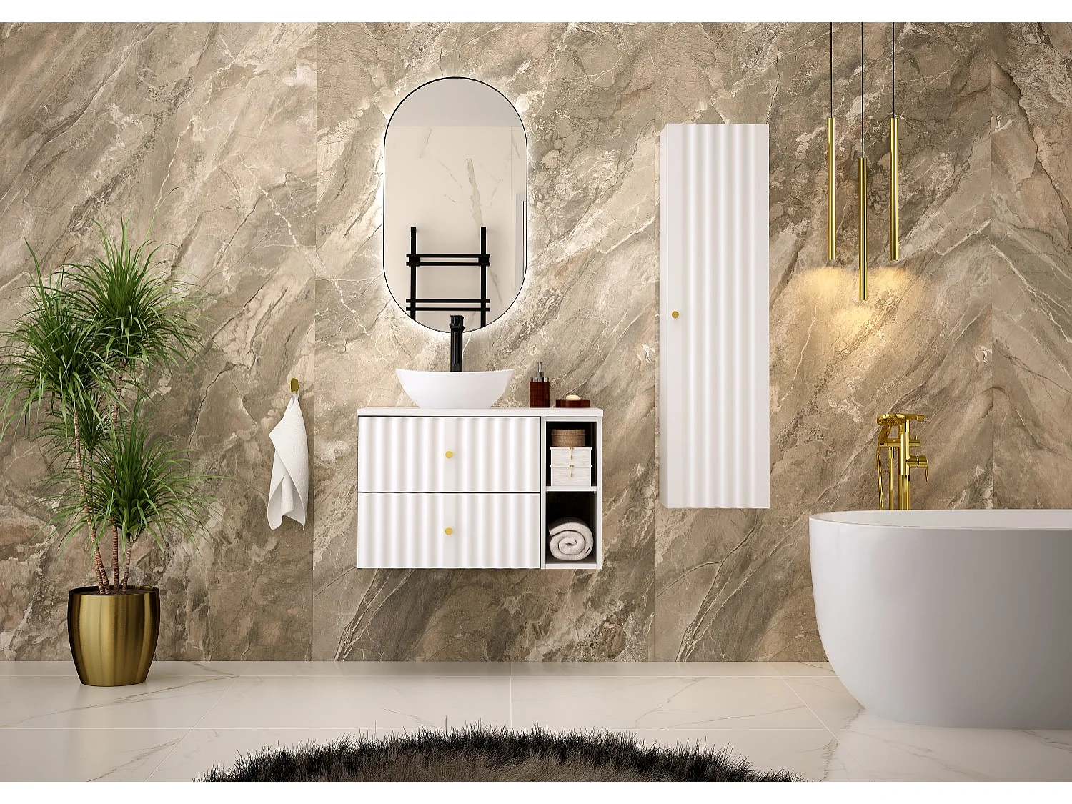 Ensemble de salle de bain blanc 80 cm Armoire avec plan de travail Lavabo Étagère Façades rainurées Aqua
