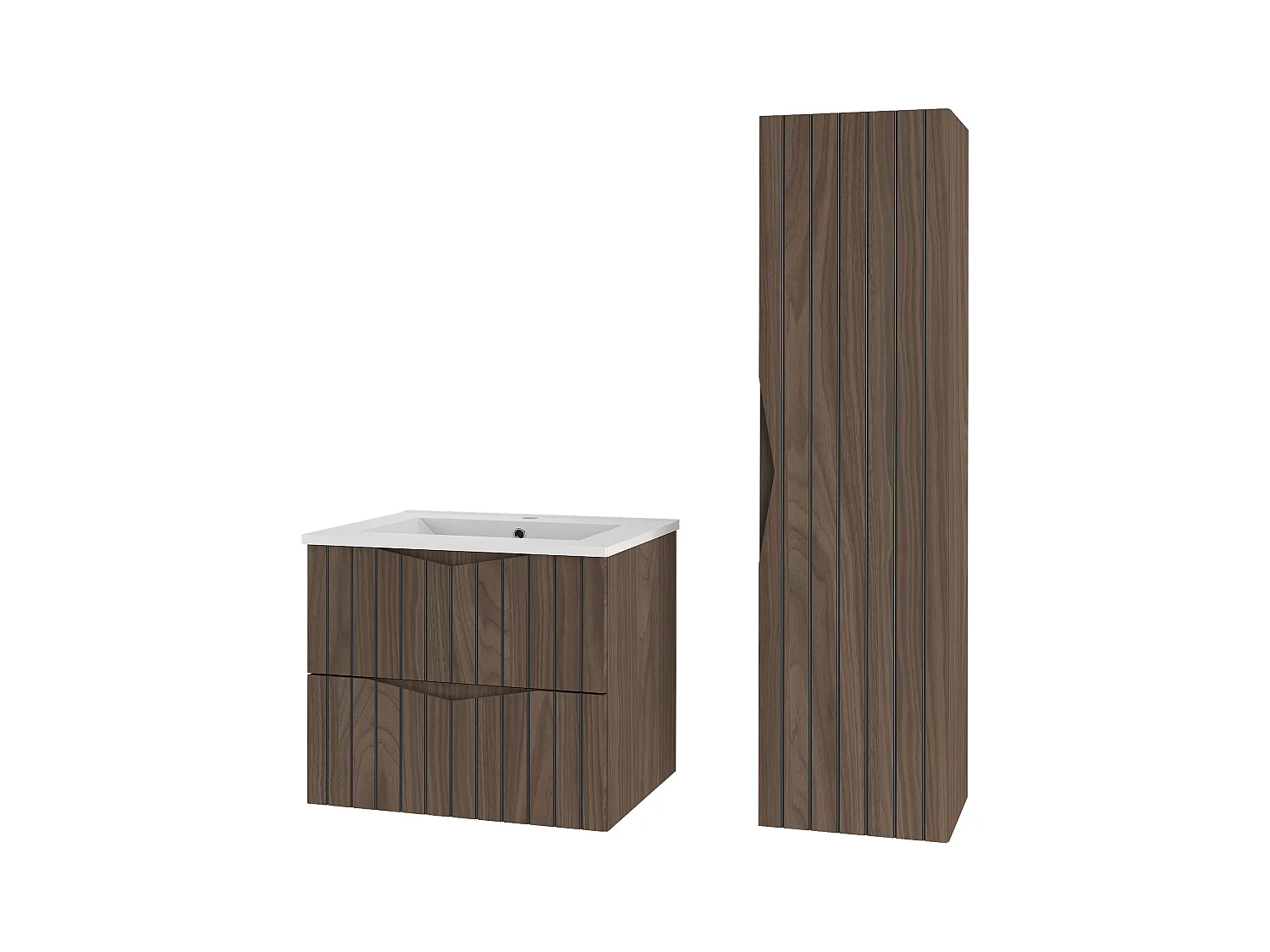 Ensemble de salle de bain 60 cm Meuble avec lavabo Colonne Façades rainurées Chêne Noyer Stella
