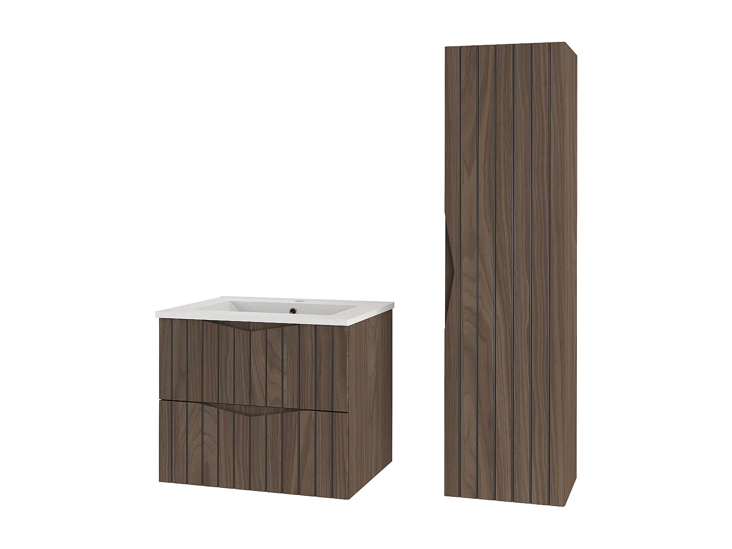 Ensemble de salle de bain 60 cm Meuble avec lavabo Colonne Façades rainurées Chêne Noyer Stella