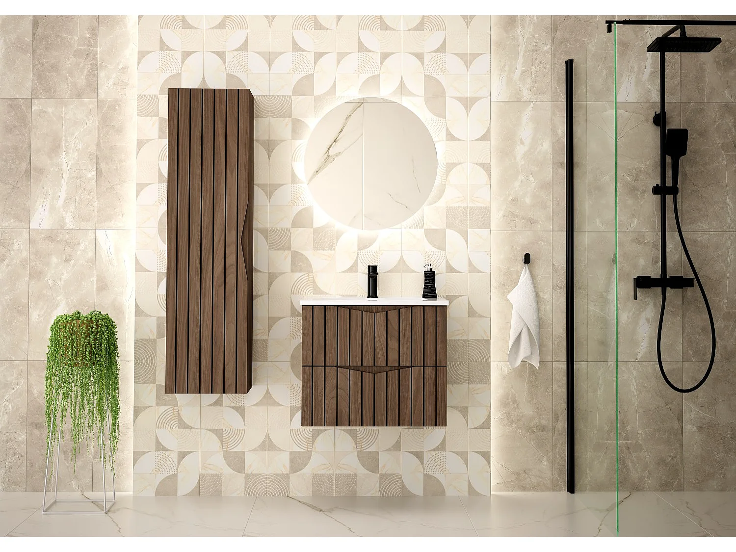 Ensemble de salle de bain 60 cm Meuble avec lavabo Colonne Façades rainurées Chêne Noyer Stella