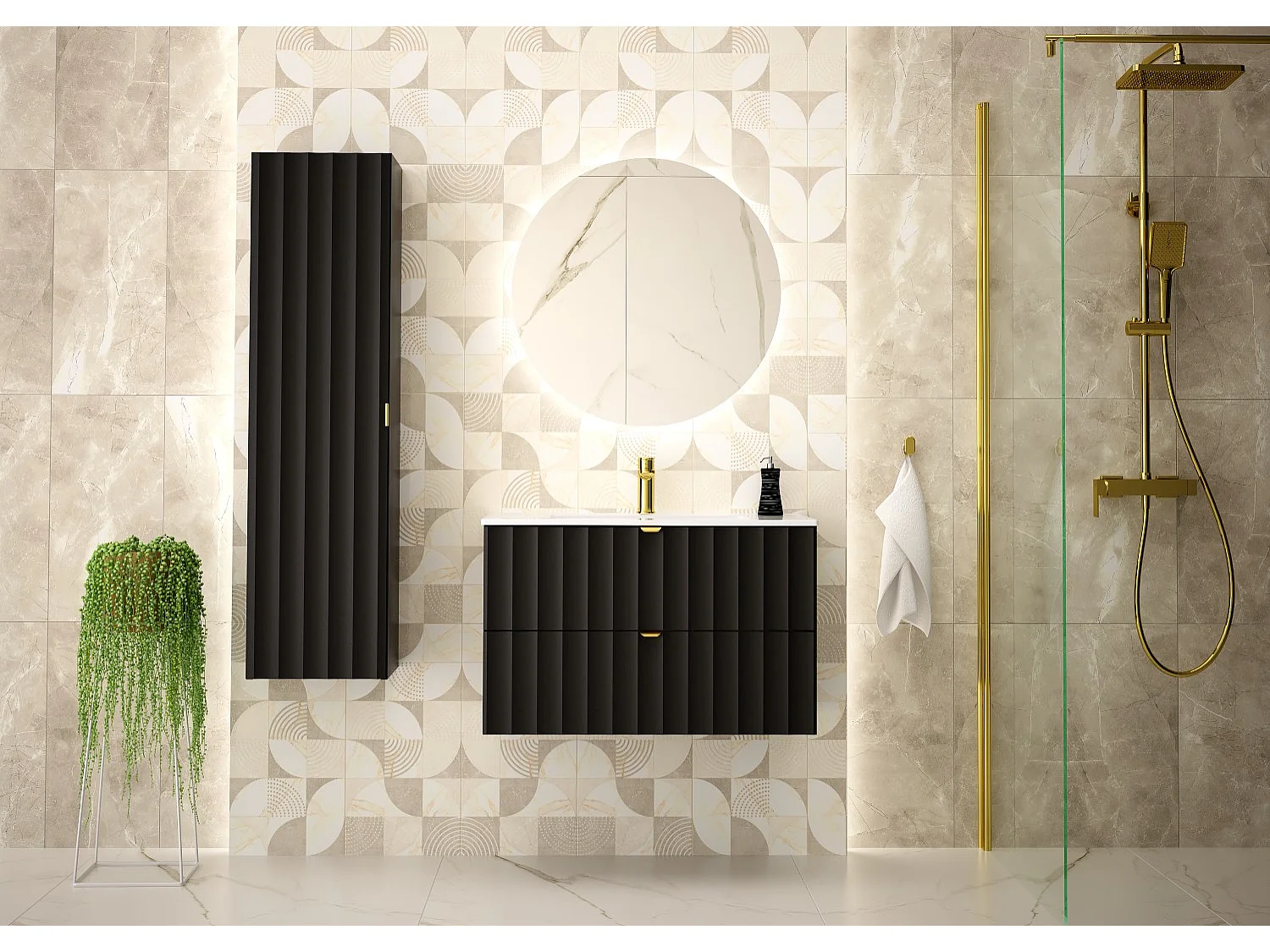 Ensemble de salle de bain noir 80 cm Meuble avec lavabo Façades rainurées Arcos