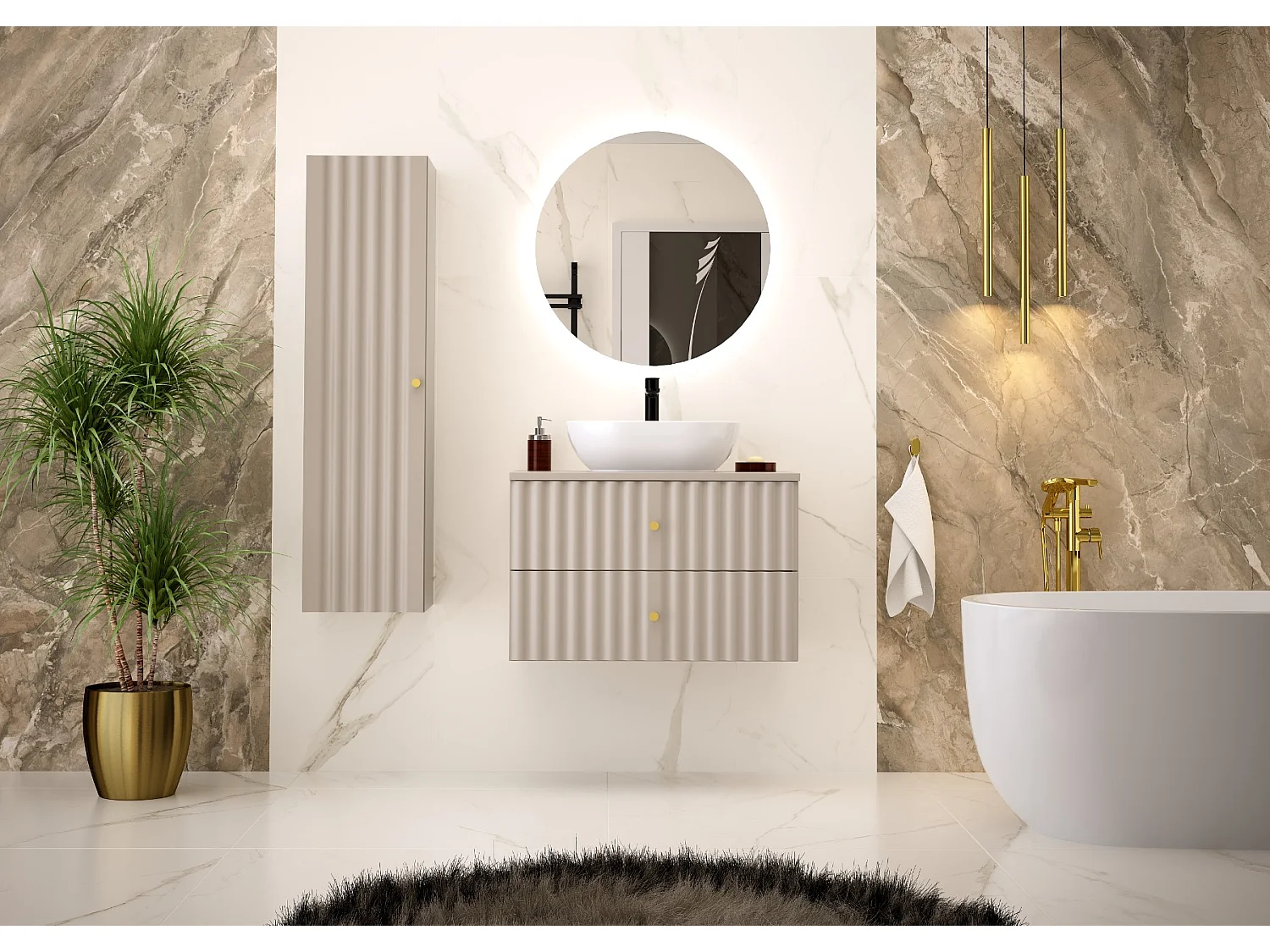 Ensemble de salle de bain en cachemire 80 cm Armoire avec plan de travail Lavabo Colonne Façades rainurées Aqua