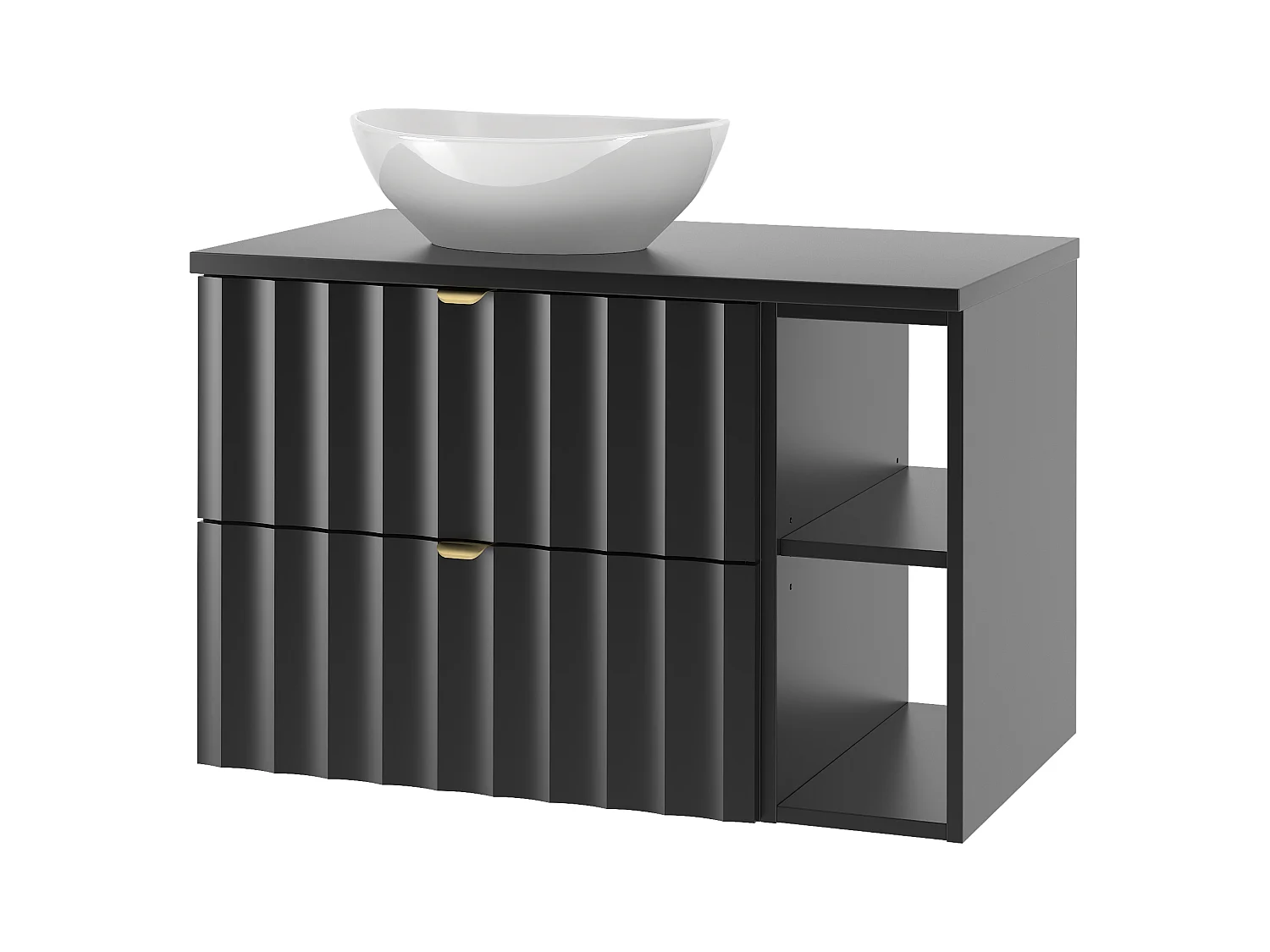 Ensemble de salle de bain noir 80 cm Armoire avec plateau Étagère Lavabo Façades rainurées Arcos