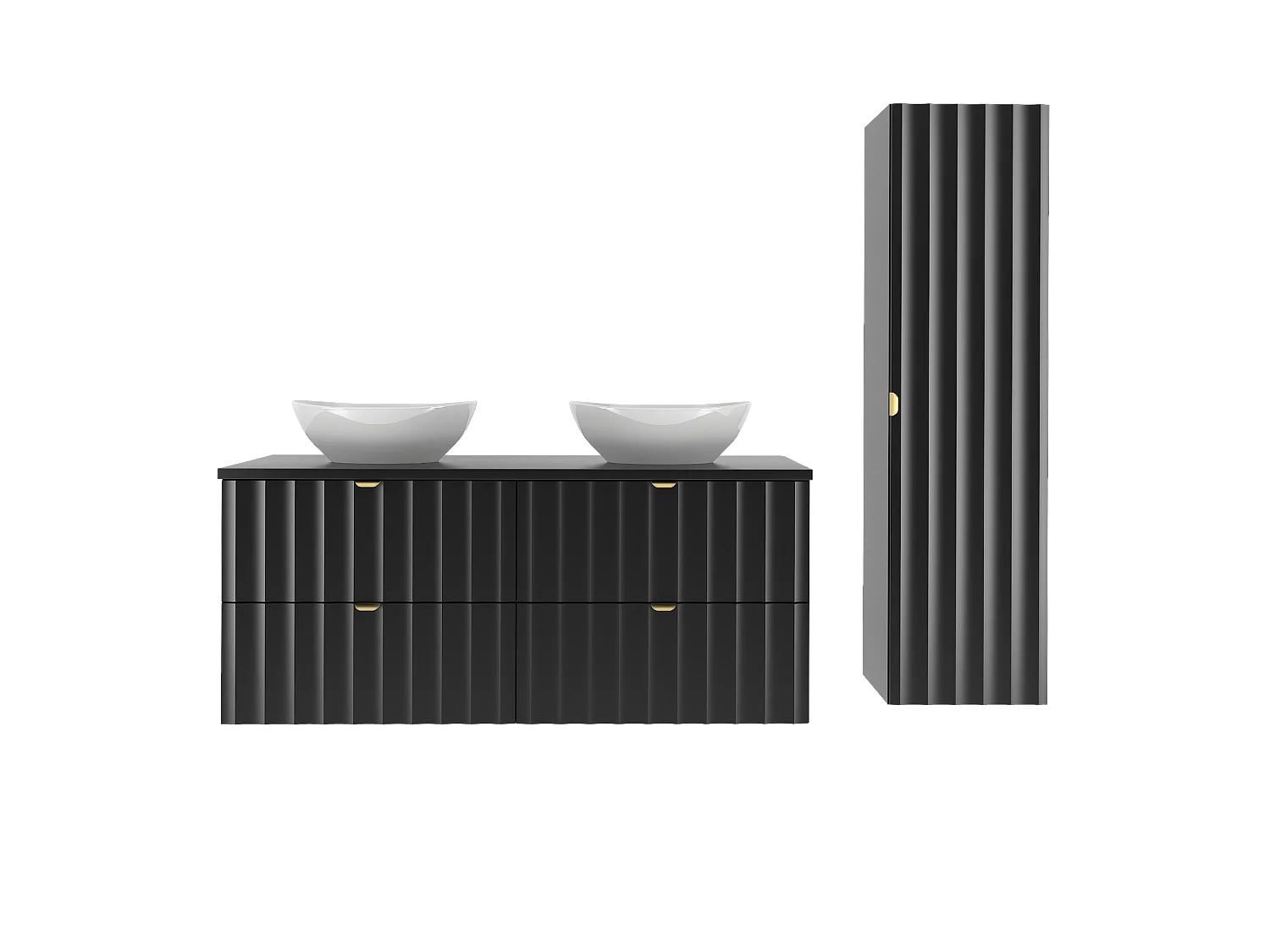 Ensemble de salle de bain noir 120 cm Armoire avec plan de travail Lavabo Colonne Façades rainurées Arcos