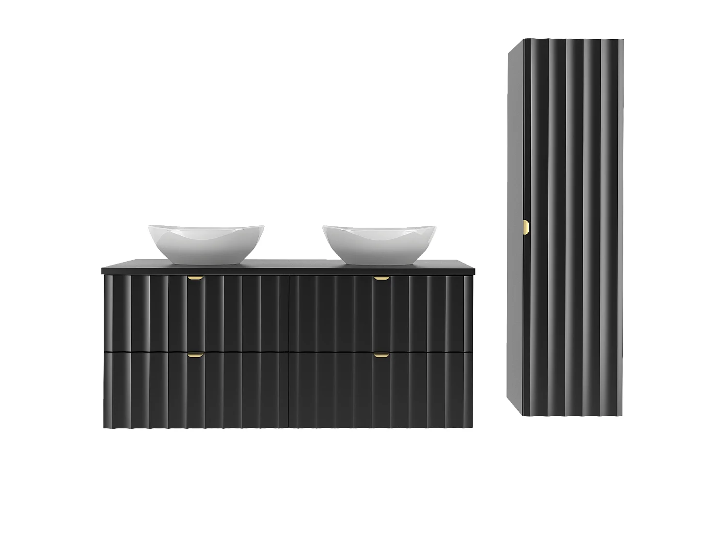 Ensemble de salle de bain noir 120 cm Armoire avec plan de travail Lavabo Colonne Façades rainurées Arcos