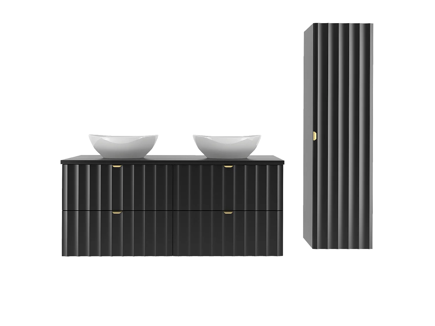 Schwarz Bathroom Set 120cm Schrank mit Arbeitsplatte und Washbecken und Hochschrank geriffelte Front Arcos