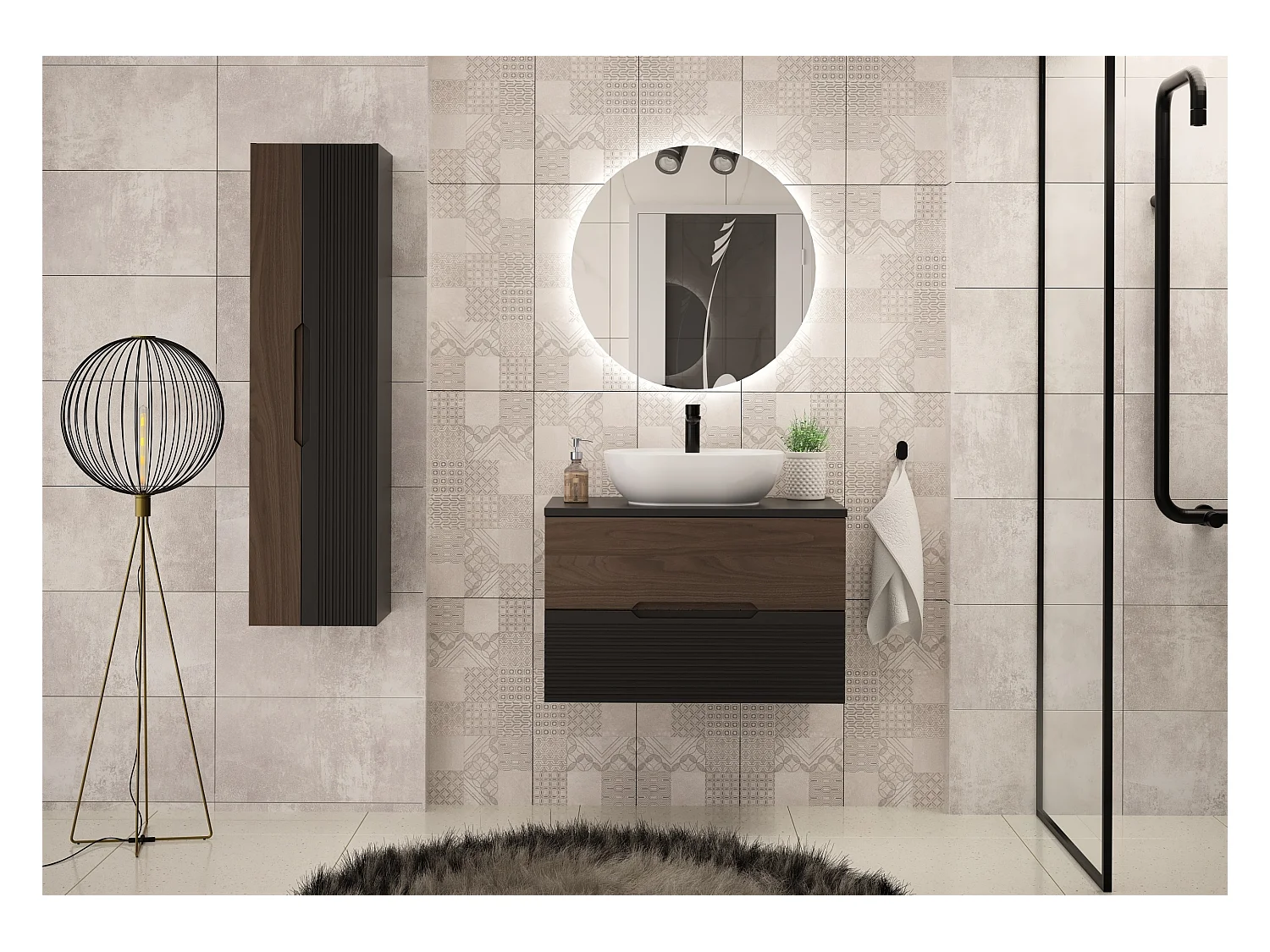 Ensemble de salle de bain 60 cm Meuble avec plan de travail Lavabo Noir mat / Noyer Avella