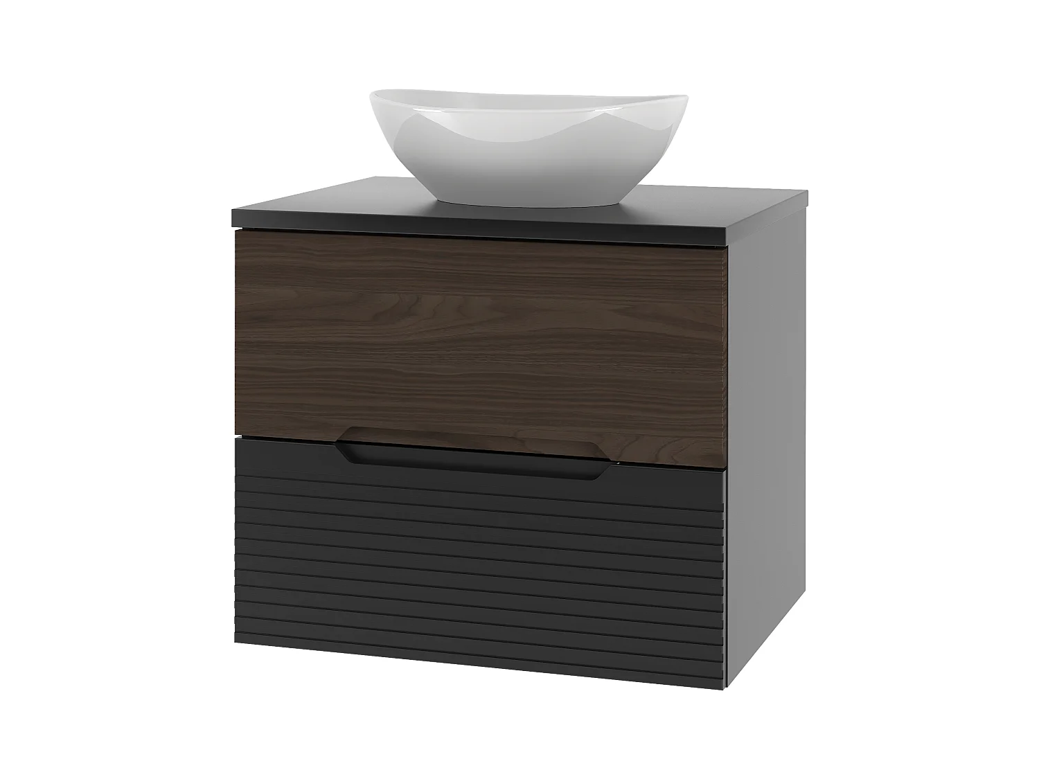 Badezimmer-Set 60 cm Schrank mit Arbeitsplatte und Waschbecken Schwarz matt / Nussbaum Avella