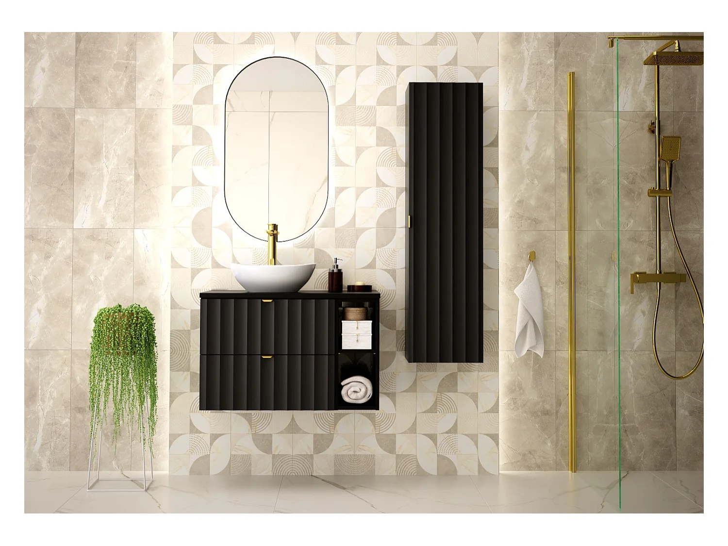 Armoire de salle de bain noire Colonne haute Façades rainurées Arcos