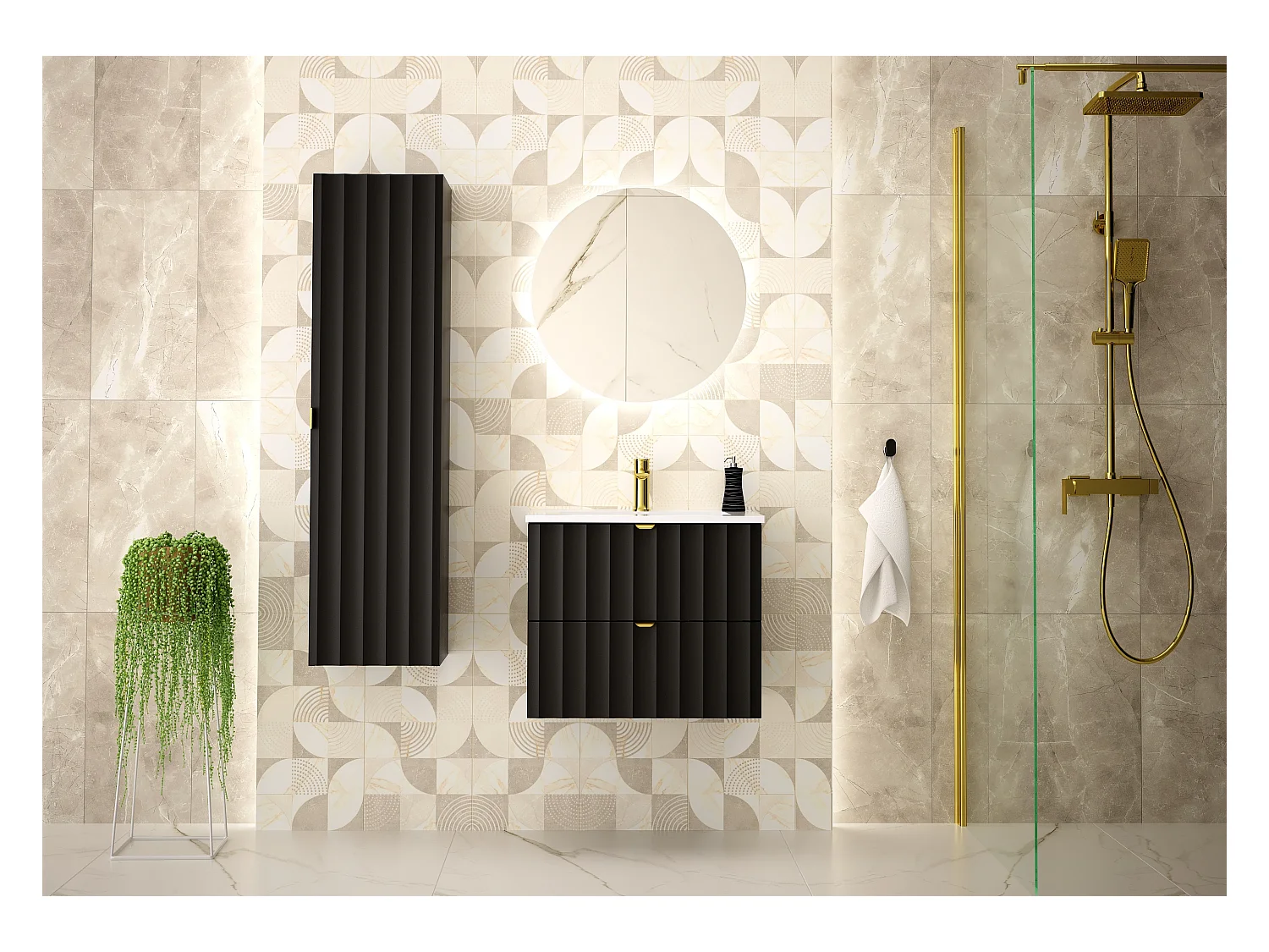 Armoire de salle de bain noire Colonne haute Façades rainurées Arcos