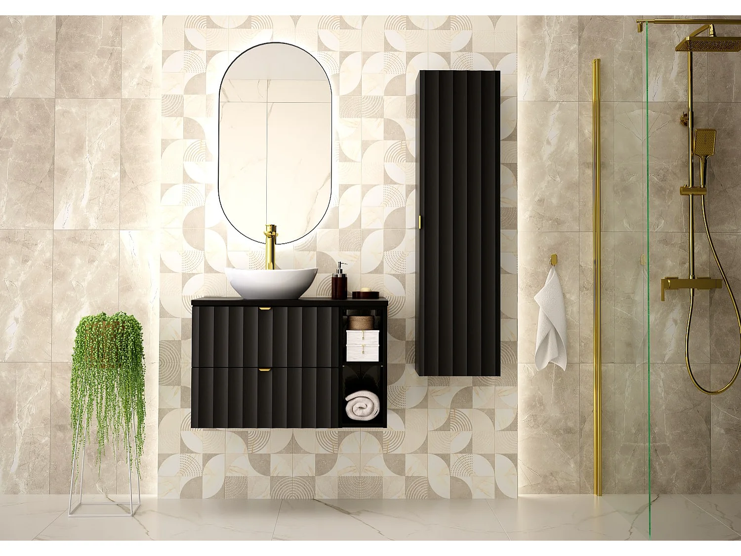 Mobile bagno nero Colonna alta Frontali scanalati Arcos