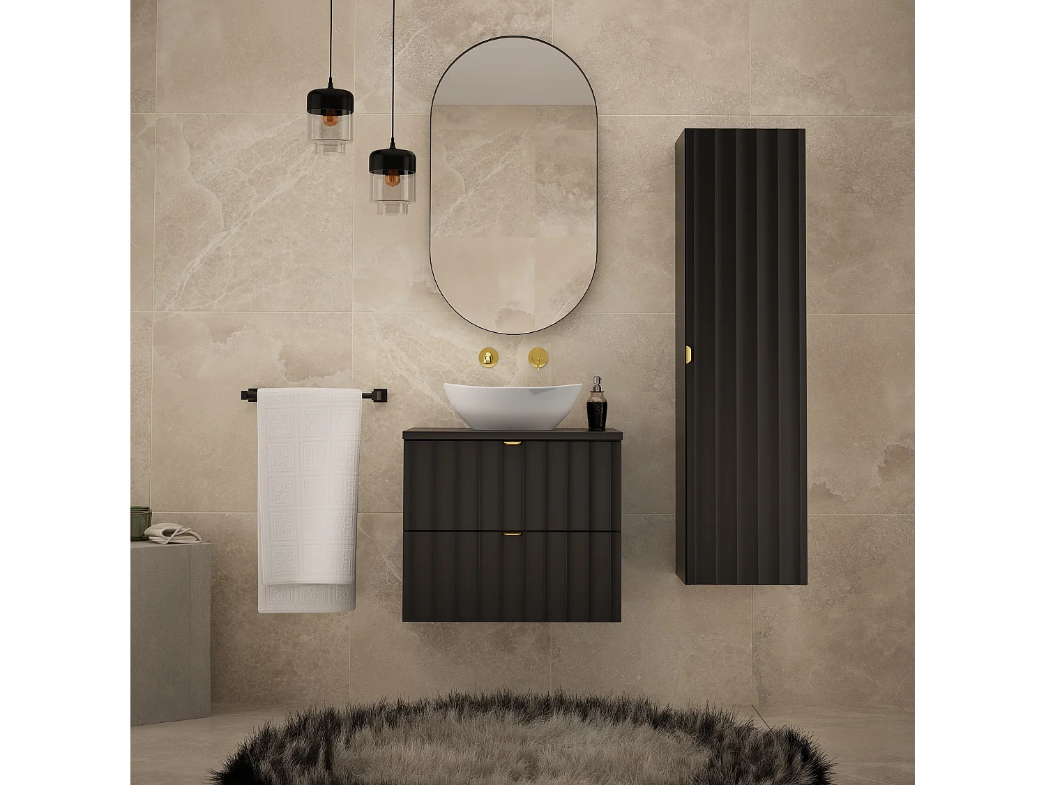 Mobile bagno nero Colonna alta Frontali scanalati Arcos