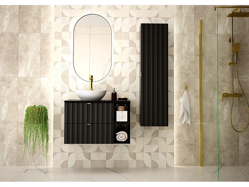 Czarna Szafka Łazienkowa Słupek Wysoki Ryflowane Fronty Arcos