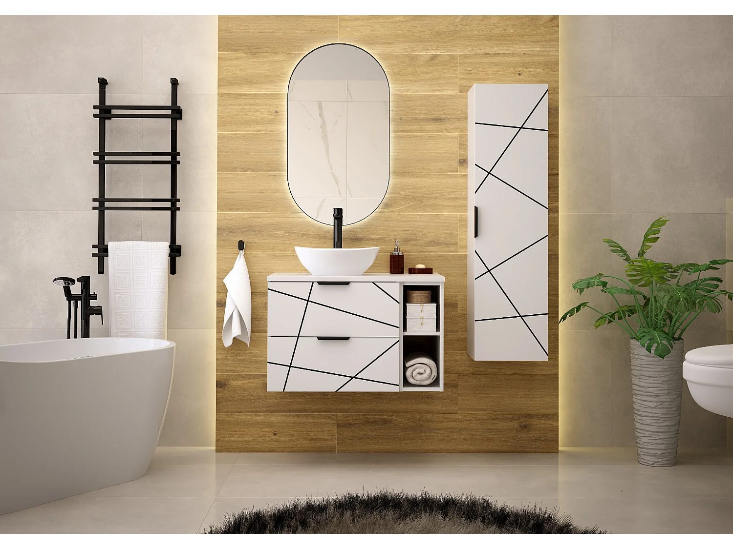 Zestaw Łazienkowy 80cm Szafka z Blatem Regał Umywalka Biały Mat Wood