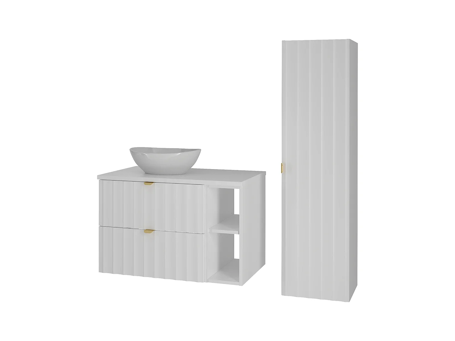 Ensemble de salle de bain blanc 80 cm Armoire avec plateau Étagère Lavabo Colonne Façades rainurées Arcos
