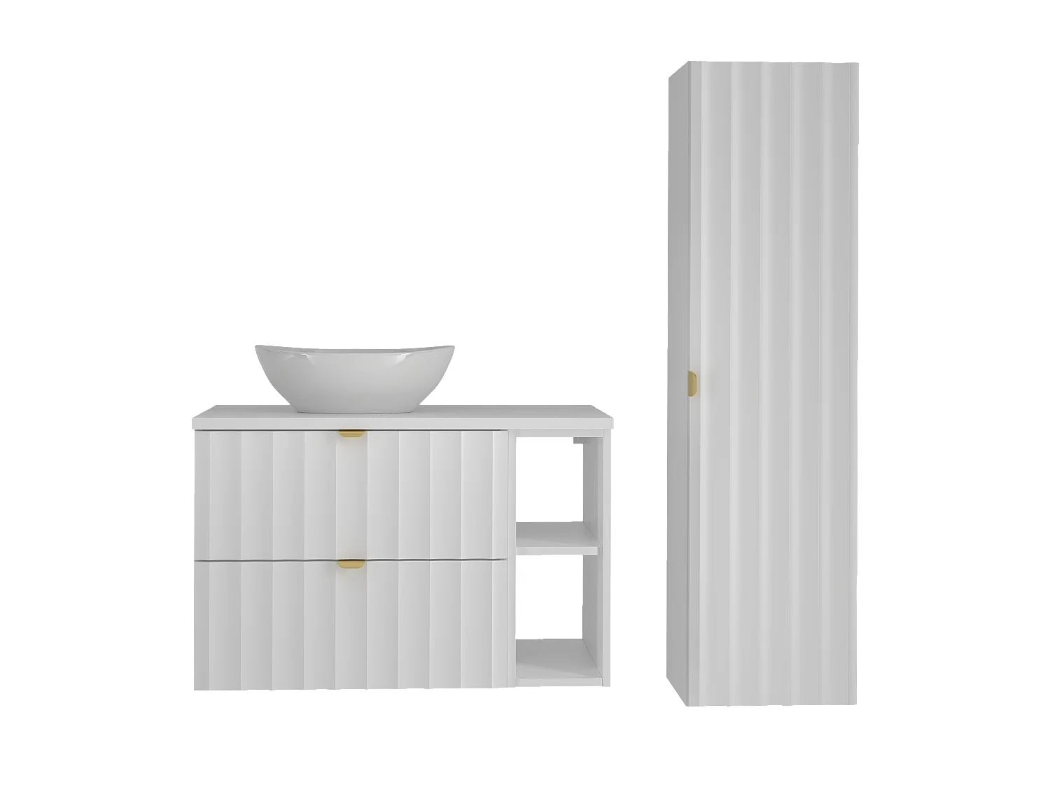 Ensemble de salle de bain blanc 80 cm Armoire avec plateau Étagère Lavabo Colonne Façades rainurées Arcos