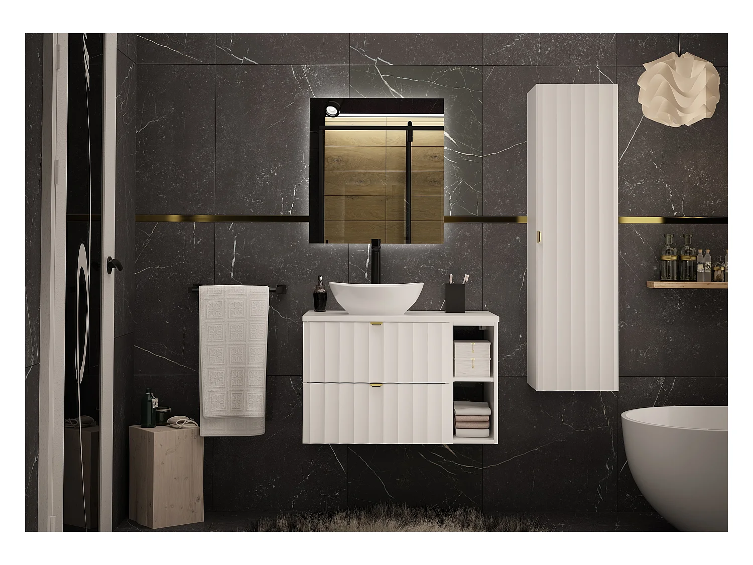 Ensemble de salle de bain blanc 80 cm Armoire avec plateau Étagère Lavabo Colonne Façades rainurées Arcos